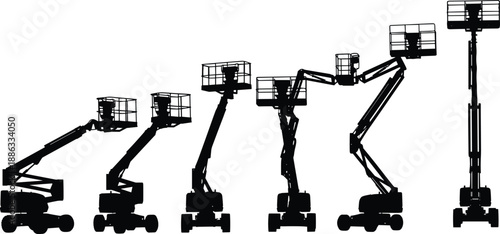 Set of articulated boom lift silhouettes showing various stages of extension for industrial construction and maintenance work isolated on white background vector illustration.