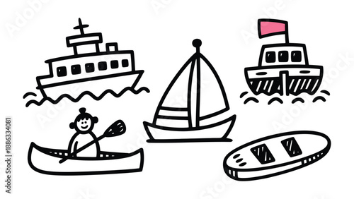 Nautical Illustrations: Playful illustrations of various watercraft, each with its unique charm, inviting you to set sail on a journey of imagination.