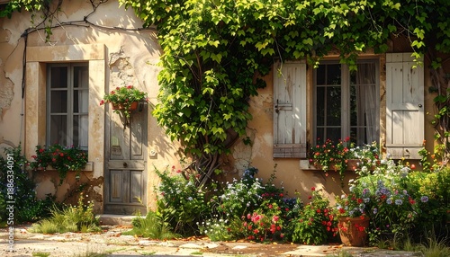 Charming French Country House with Lush Greenery and Rustic Details.