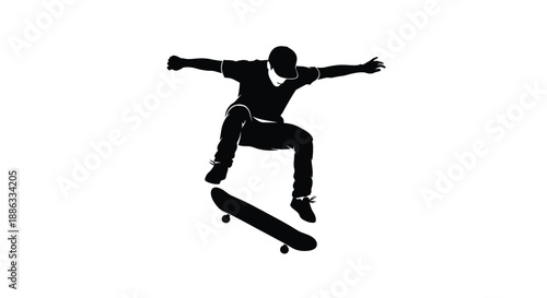 A silhouette of a skateboarder mid air performing a trick on a board