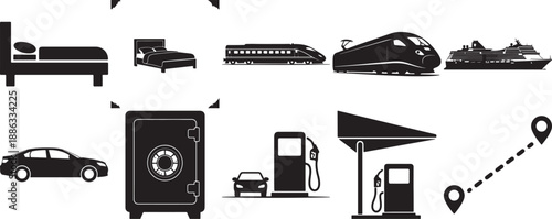 Travel and transportation icons including beds, trains, and cars on white background.