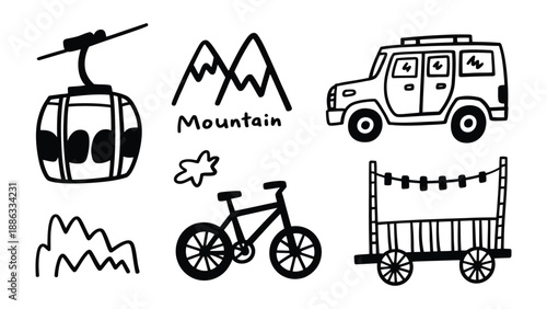 Adventure doodle set: An illustrative collection of adventure-themed icons, perfect for travel and exploration concepts, capturing the spirit of wanderlust and outdoor pursuits.