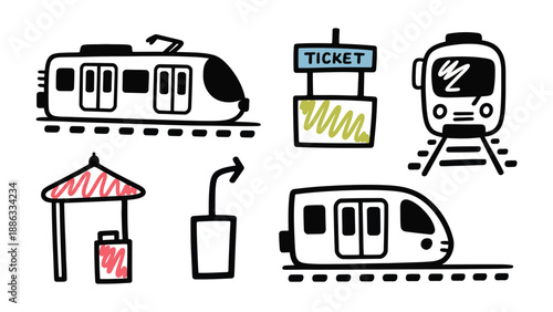 Train Station Sketch: Hand-drawn illustrations capture the essence of railway travel, showcasing trains, ticket booth, and boarding gate elements.