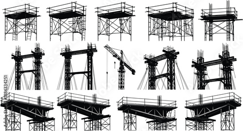 Set of detailed industrial construction silhouettes featuring scaffolding structures metal framework towers and crane isoarchitectural engineering and buildin