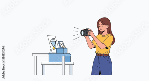 Young woman photographing objects on a table in a bright minimalist setting