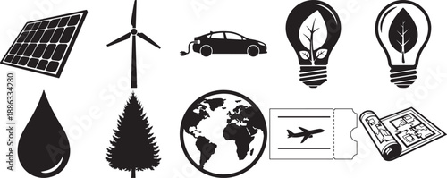 Sustainable energy and eco-friendly travel icons set on white background.