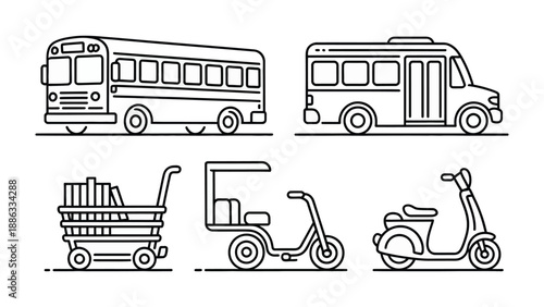 Transportation Modes: A clean-lined illustration showcasing various modes of transportation, from buses to scooters, ready to go!
