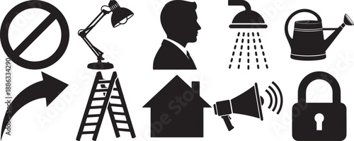 Collection of black icons representing various concepts on white background