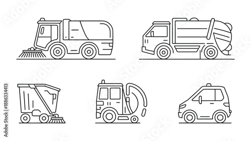 Urban Sanitation Vehicles: A collection of various sanitation vehicles, each meticulously designed to maintain urban cleanliness and hygiene. Includes street sweepers and trash trucks.