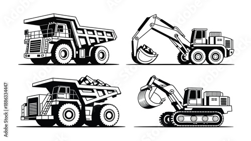 Heavy Machinery in Action: A collection of powerful machines, including dump trucks and excavators, showcase the scale of industry. Designed for efficient transport and earthmoving.