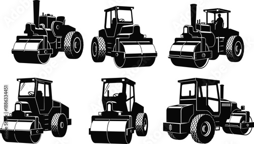 Set of heavy road roller silhouettes showing vintage and modern soil compactor vehicles for asphalt paving work isolated on white background vector.