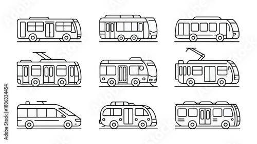 Collection of City Transports: A collection of various public city transport vehicles are shown in a modern minimalistic black and white vector outline.