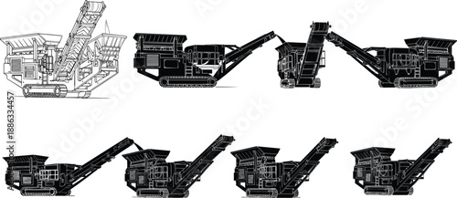 Set of heavy industrial mobile rock crusher silhouettes and one outline drawing showing conveyor belts and tracks for mining, quarry, and construction sites.