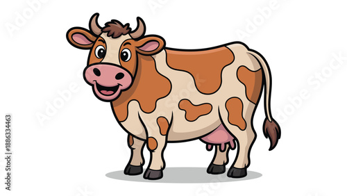 Happy Cow Illustration: A cheerful cartoon cow with a friendly smile, adorned with a mix of brown and white spots, stands on the ground, showcasing its endearing features.