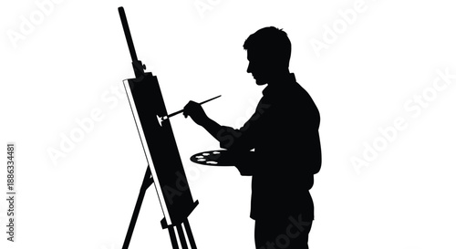 Silhouette of an artist painting at an easel with a palette