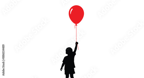 A single red balloon floats above a child reaching up in silhouette