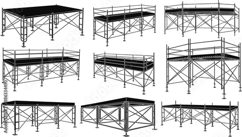Set of modular scaffolding silhouettes and construction platform vectors isolated on white background for industrial building maintenance safety equipment and architectural project design concepts