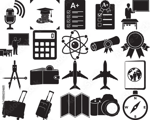 Collection of education and travel icons in black and white