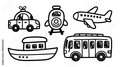 Hand-drawn Transportation Illustration: A charming assortment of hand-drawn vehicles. including a car, train, airplane, ship, and bus, is showcased, evoking a sense of adventure and travel.