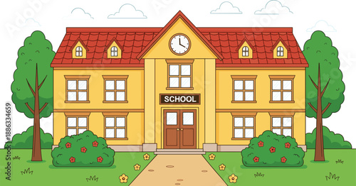 School building vector illustration with yellow facade, red roof, clock and green garden with trees isolated on grey background