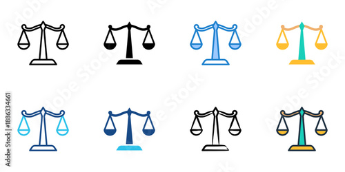 Scales of Justice icons set multiple style collection. Editable stroke 

