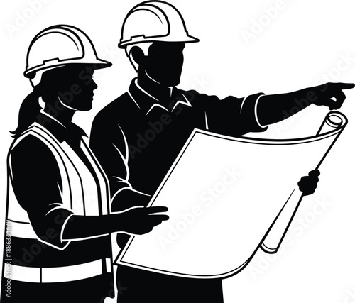 Silhouette of male and female construction engineers wearing hard hats looking at blueprints and pointing fingers isolated on white background vector illustration.