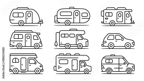 Mobile Home Collection: A set of detailed line art illustrations showcasing various types of mobile homes, perfect for travel and adventure themes.
