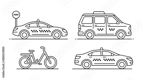 Taxi and bicycle Transportation Illustration: An illustration showcasing various modes of urban transport, highlighting a taxi and bicycle, emphasizing convenience and eco-friendly options.