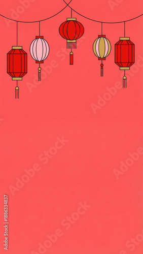 Modern lunar new year background, hanging asian lanterns illustrating traditional festival concepts, vibrant red illustration art.