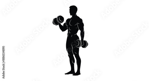 Silhouette of a muscular man lifting dumbbells during a strength training workout