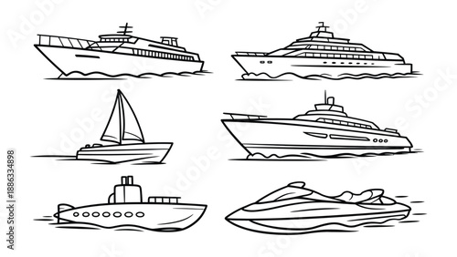 Naval transport : A collection of various naval transport vessel in line-art style