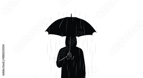 A silhouette of a person holding an umbrella in the rain