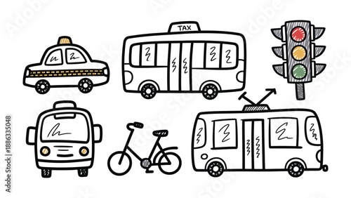 Transportation Doodle Set: Hand-drawn illustrations of a taxi, bus, traffic light, bicycle and tram, offering a charming visual representation of various transportation methods.
