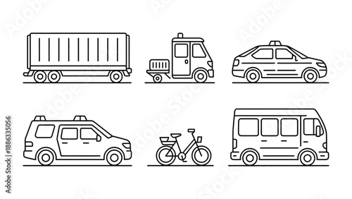 Urban Transport Icons: A collection of meticulously crafted, minimalist icons, depicting various modes of urban transport, designed to convey clarity and efficiency.