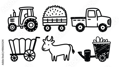 Farm Equipment: Set of hand-drawn illustrations showcasing a collection of farm equipment, evoking the simplicity and charm of rural life.