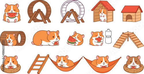 Cute hamster vector collection with pet accessories including exercise wheel, hamster house, hammock, and ladder isolated on grey background