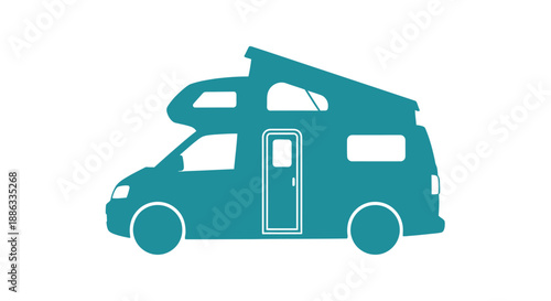 Simple teal silhouette of a camper van ideal for travel and adventure