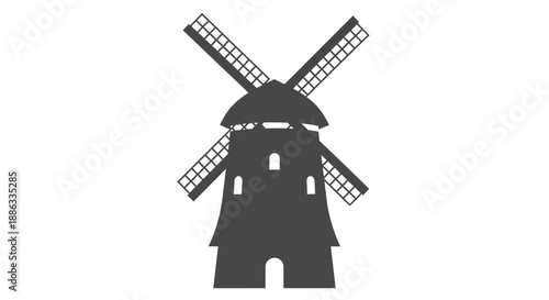 Simple black and white illustration of a classic windmill with rotating blades