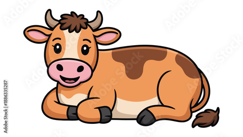 Cheerful Bovine: A charming cartoon cow with a delightful smile and calm expression lies on the ground