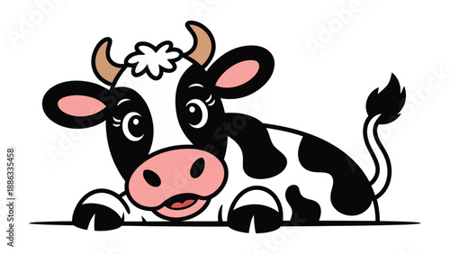 Playful Dairy Cow: A cheerful cartoon dairy cow with a distinctive black and white pattern, large eyes, and a cute pink nose, leaning forward.