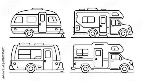 RV Collection: Collection of RV's. A vector illustration of several types of recreational vehicles, from compact trailers to larger motorhomes.