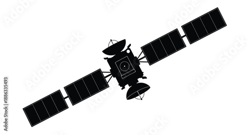 A black silhouette of a satellite with solar panels in space