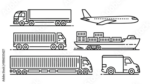Global Logistics: A simple illustration showcasing an array of transport methods, from trucks to airplanes and ships, depicting the seamless movement of goods across the globe.