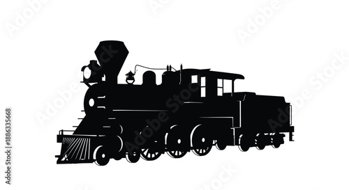 A striking silhouette of a classic steam locomotive against a white backdrop