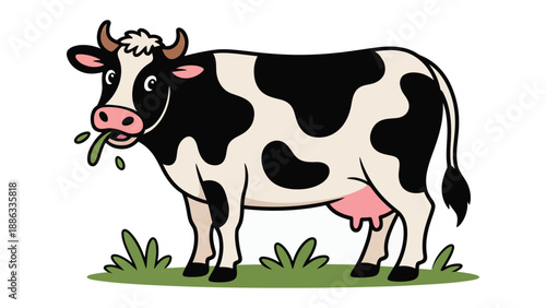 Cartoon Cow Grazing: A vibrant cartoon illustration of a cow, munching on a patch of grass. The animated cow brings a touch of rustic charm and playful personality.