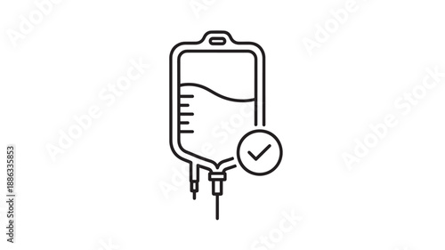 a black line drawing of an intravenous iv drip bag with checkmark high quality professional detailed