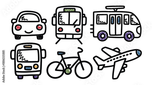 Transportation Icons: Delightful hand-drawn illustrations of various transport vehicles, showcasing a charming collection of a car, bus, train, plane and bicycle in a creative and eye-catching style.