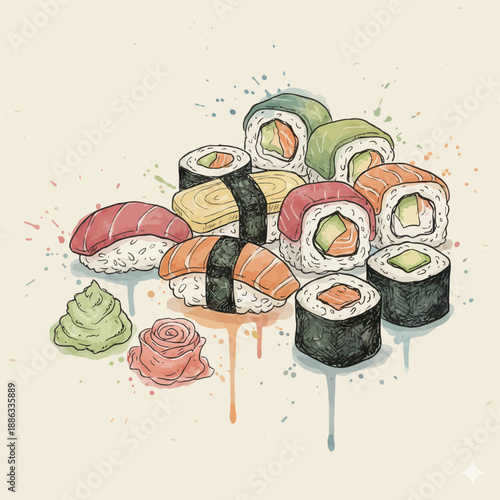 Vector illustration of assorted sushi with salmon toppings and fresh wasabi.