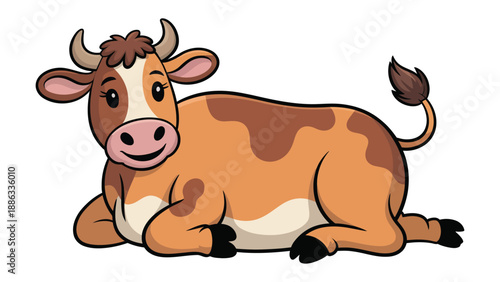 Content Cow Resting: A charming illustration depicts a content cow, its brown and white patterned coat, curly horns, and playful expression evoking warmth and simplicity.