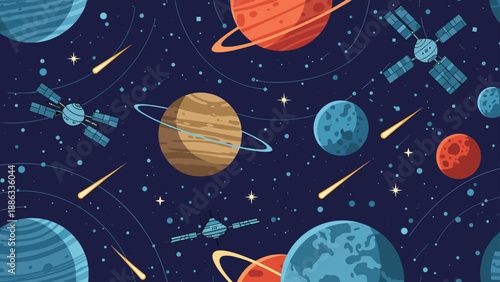Seamless outer space pattern featuring various planets, satellites, stars, and comets on a dark blue galactic background for kids.